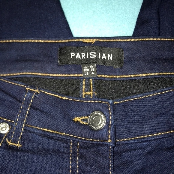 PARISIAN stretchy bell bottom ruffle jeans raw hem dark blue size 10 - Picture 3 of 6